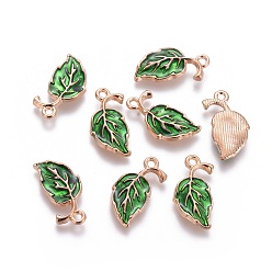 Green Alloy Pendants, with Enamel, Leaf, Light Gold, Green, 19x9x2mm, Hole: 1.5mm