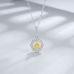 Желтый Цветок 925 стерлингового серебра паве кубические цирконии кулон ожерелья для женщин, платина, родий, желтые, 15.75 дюйм (40 см)