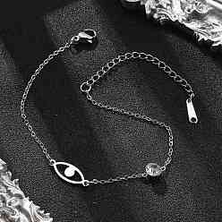 Eye 201 трос из нержавеющей стали цепи браслеты, 201 браслеты из нержавеющей стали ссылка для женщин, со стразами, цвет нержавеющей стали, глаз, 6-3/4 дюйм (17.2 см)