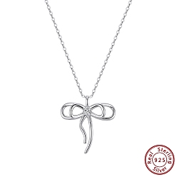 Real Platinum Plated 925 Sterling Silver Pave 5A Clear Cubic Zirconia Pendants, Bowknot Charms, Without Necklace, Rhodium Plated, Real Platinum Plated, 20x19mm