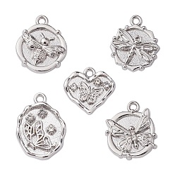 Античное Серебро 5шт 5 стили сплав кристалл горный хрусталь плоские круглые подвески, подвески в виде бабочек, стрекоз и пчел, античное серебро, 14~19.5x14~16x3~3.5 мм, отверстие : 1.5~1.6 мм, 1 шт / стиль