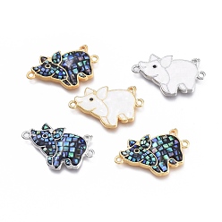 Mixed Shell Brass Links Connectors, with Natural Mixed Sea Shell and Enamel, Long-Lasting Plated, Pig, Mixed Color, 15x25x2.5mm, Hole: 1.5mm