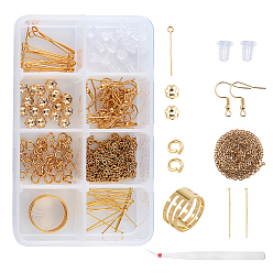 Doré  Kits de fabrication de boucles d'oreilles bricolage, avec 304 chaînes de câble en acier inoxydable, capuchons de perles et crochets pour boucles d'oreilles, brucelles en fer et composants en anneau à large bande en laiton, or, 3x2x0.5mm