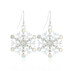 Платина Серьги-подвески из сплава со снежинками, со стразами, платина, 41x22.2 мм