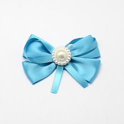 Deep Sky Blue Handmade Woven Costume Accessories, Ribbon Bowknot with ABS Plastic Beads, Deep Sky Blue, 58x75x16mm, about 100pcs/bag
