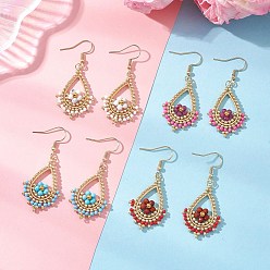 Смешанные камни 4 пары 4 стили 201 серьги-капли из нержавеющей стали, со стеклянными бусинами и бусинами из драгоценных камней и 304 крючками для сережек из нержавеющей стали, золотые, 52~53.5x23~23.5 мм, 1 пара / стиль