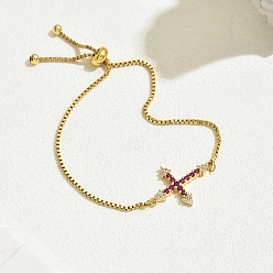 Средний Фиолетово-красный Модные латунные браслеты-слайдеры с цепочкой-коробкой, браслеты с поперечными связями из кубического циркония для женщин, средне фиолетовый красный, 3/4x1 дюйм (2x2.5 см), внутренний диаметр: 2-3/8 дюйм (6 см) ~ 2-3/4 дюйм (7 см)