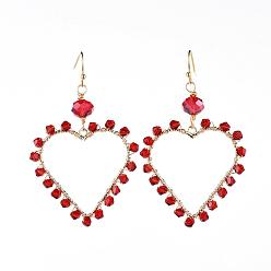 Red Faceted Glass Dangle Earrings, with Real 18K Gold Plated Brass Pendants and Earring Hooks, with Cardboard Packing Box, Heart, Red, 58mm, Pin: 0.8mm