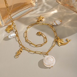 Настоящее золото 18K 304 Женские подвески-нагрудники с подвесками в виде дельфина, морского конька, акрилового жемчуга и натуральных ракушек из нержавеющей стали, ионное покрытие (ip), без кадмия, без никеля и без свинца, реальный 18 k позолоченный, 17.09 дюйм (43.4 см)