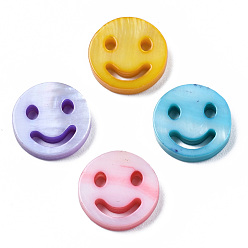 Mixed Color Natural Freshwater Shell Beads, Dyed, Flat Round with Smile Face, Mixed Color, 12x2.5mm, Hole: 0.8mm