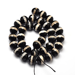 Black Tibetan Style Striped Pattern dZi Beads Strands, Faceted Natural Agate Round Beads, Black, 10mm, Hole: 1mm, about 37pcs/strand, 14.5 inch
