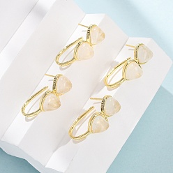 Хрусталь Серьги-гвоздики в форме сердца из натурального кварца ко Дню святого Валентина, с латунными застежками для сережек с гальваническим покрытием, золотые, 26x10 мм