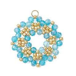 Небесно-голубой Подвески гальванизируйте стекла, цветочный шарм, граненые, с бисером тохо, голубой, 28~28.5x3.5 мм, Перейти кольцо: 4x0.5 мм, внутренний диаметр: 3.2 мм