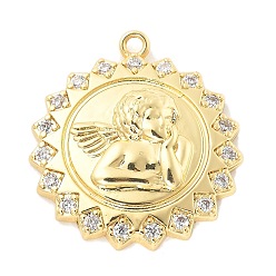 Настоящее золото 18K Латунные микро проложить кубического циркония подвески, плоский круглый с ангельскими подвесками, стойки покрытие, долговечный, без свинца и без кадмия, реальный 18 k позолоченный, 27x24.5x4.5 мм, отверстие : 1.8 мм
