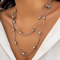 Platinum CCB Round Beads Charm Layered Necklaces, with Brass Chain, Jewely for Women, Platinum, 42.05 inch(106.8cm)