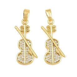 Real 18K Gold Plated Brass Micro Pave Clear Cubic Zirconia Pendants, Violin Charms, Real 18K Gold Plated, 22.5x12x2.5mm, Hole: 5x2mm