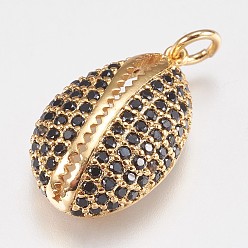 Золотой Латунные микро проложить кубического циркония подвески, с прыжковых колец, формы раковины, золотые, 21x12.5x6 мм, отверстие : 3 мм