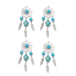 Бирюза Подвески-ловцы снов из синтетической бирюзы, Морская черепаха, с перьями, кисточками и 304 петлей из нержавеющей стали с петлями для проушины, бирюзовые, 78~85x28.5x8.5 мм, отверстие : 2 мм
