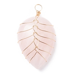 Rose Quartz Natural Rose Quartz Pendants, with Light Gold Tone Copper Wire Wrapped, Water Drop, 42~44x25x9~10mm, Hole: 4mm