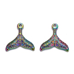 Rainbow Color Placage ionique (ip) 304 breloques en acier inoxydable, , queue de poisson, couleur arc en ciel, 26x25x3mm, Trou: 2.5mm