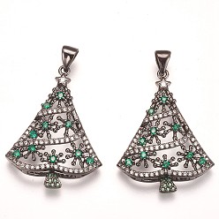 Черный Цвет Металла Латунные микро проложить кубического циркония подвески, рождественская елка, зелёные, металлический черный , 29.5x22.5x4 мм, отверстие : 3.5x5 мм