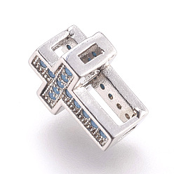 Platinum Brass Micro Pave Cubic Zirconia Beads, Lead Free & Cadmium Free, Cross, Light Sky Blue, Platinum, 11.5x8x5.5mm, Hole: 1mm and 2x5mm