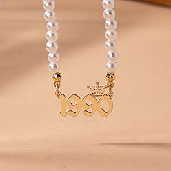 Number Женские ожерелья из круглого белого бисера с имитацией жемчуга и подвеской в виде короны в виде года рождения, золотые, число 1990, 14.96 дюйм (38 см)