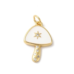 Белый Осенняя тема, стойка с покрытием, латунные подвески с кубическим цирконием, с эмалью и кольцом для прыжков, долговечный, без кадмия и без свинца, звезда с грибом, реальный 18 k позолоченный, белые, 18.5x12x2 мм, отверстие : 3 мм