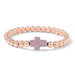 Аметист Растягивающиеся браслеты с крестом и натуральным аметистом, с круглыми бусинами из синтетического немагнитного гематита, с золотым покрытием, внутренний диаметр: 2-3/8 дюйм (6 см)