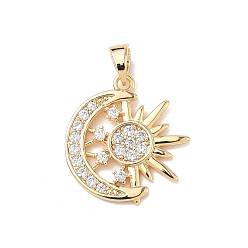 Настоящее золото 18K Латунные микропаве прозрачные подвески с фианитом, амулеты луны и солнца, реальный 18 k позолоченный, 18x17x2 мм, отверстие : 4x3 мм