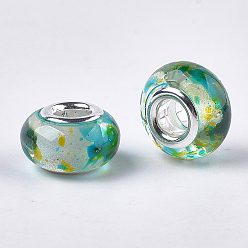 Colorful Resin European Beads, Large Hole Beads, with Silver Color Plated Brass Cores, Rondelle, Colorful, 14x8.5~9mm, Hole: 5mm