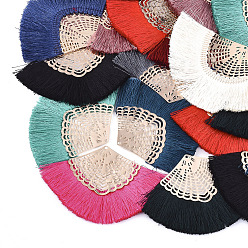 Mixed Color Polyester Tassel Big Pendant Decorations, with Iron Findings, Fan, Light Gold, Mixed Color, 64~68x95~98x2.5mm, Hole: 1.5mm
