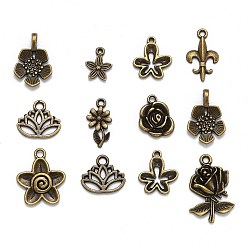 Antique Bronze Tibetan Style Alloy Pendants, Nickel Free, Flower, Mixed Style, Antique Bronze, 8~65x6~47x1~8mm, Hole: 1~11x8mm