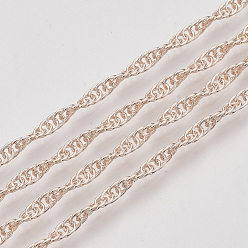 Розовое Золото Сингапурские паяные латунные покрытые железом цепи, цепи водных волн, с катушкой, розовое золото , 2x1x0.2 мм, около 328.08 футов (100 м) / рулон