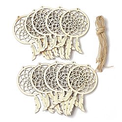 (404) Непрозрачное AB Кислое яблоко 10шт. плетеная сетка/паутина с перьями незаконченные пустые деревянные подвески для живописи, пирография, домашнего декора, с джутовым шнуром, цветочный белый, 109.5x59x2 мм, отверстие : 3 мм