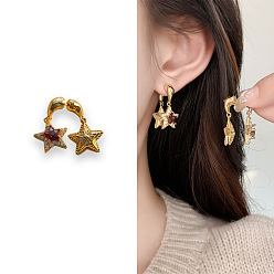 Седло Коричневый Серьги-гвоздики с подвесками из кубического циркония в форме звезды из латуни, золотые, седло коричневый, 20 мм
