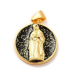 Черный Эко-подвески с покрытием из латуни и эмали, с блестками, долговечный, без свинца и без кадмия, плоский круглый с шармом Девы Марии, реальный 18 k позолоченный, чёрные, 19x17x3 мм, отверстие : 3x4 мм