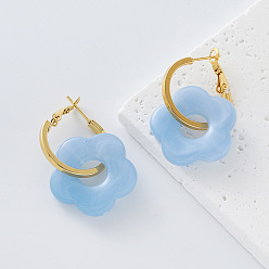 Azul Cielo 304 Pendientes colgantes de aro de resina y acero inoxidable para mujer, flor, dorado, luz azul cielo, 23x25 mm