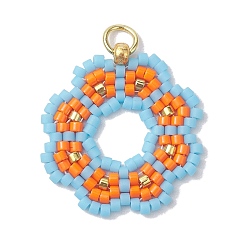 Light Blue Handmade Seed Beads Pendants, with Elastic Thread, Loom Pattern, Flower, Light Blue, 23x22x3mm, Hole: 3.4mm