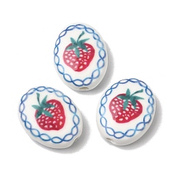 Red Hand Painted Oval Porcelain Beads, Strawberry Pattern Ceramic Beads , Red, 21.5x17x7.5mm, Hole: 2.4mm