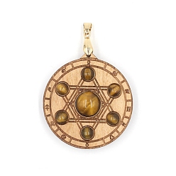 Тигровый глаз Природных тигровый глаз подвески, с деревянными досками, плоский круг и гексаграмма, золотые, 45x11 мм