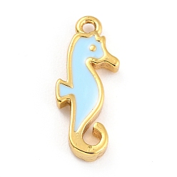 Светло-голубой Кулоны с эмалью из золотой латуни, долговечный, морской конек, светло-голубой, 16x6x2 мм, отверстие : 1.1 мм