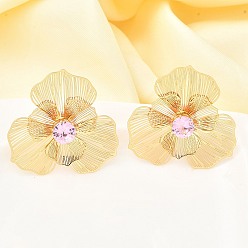 Pink Цветок латуни микро проложить кубического циркония серьги стержня, без никеля , реальный 18 k позолоченный, розовые, 37.5x38.5 мм