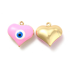 Pink Brass Enamel Pendants, Real 18K Gold Plated, Long-Lasting Plated, Cadmium Free & Nickel Free & Lead Free, Heart with Evil Eye, Pink, 17x16.5x7mm, Hole: 1.2mm