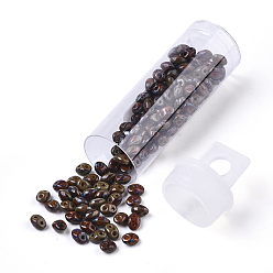 Brown 2-Hole Seed Beads, Czech Glass Beads, Opaque Baking Paint Style, Brown, 5x3.5~3.8x2.5~2.8mm, Hole: 0.9mm, about 10g/bottle