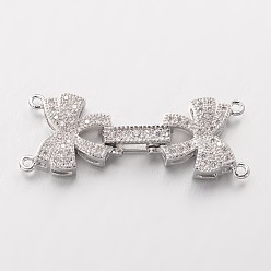 Платина Латунный бантик микропаве из кубического циркония с застежкой, без свинца и без никеля , платина, 34x14x4 мм, отверстие : 1 мм
