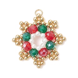 Разноцветный Рождественские подвески из латунных стеклянных бусин, снежинка, граненые, с открытыми пружинными кольцами из нержавеющей стали 304, красочный, 33x33x6 мм, отверстие : 3.5 мм
