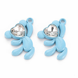 Light Sky Blue Spray Painted Alloy Rhinestone Pendants, Cadmium Free & Lead Free, Bear Charms, Light Sky Blue, 26.5x21.5x4.5mm, Hole: 2mm
