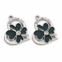 Dark Green Alloy Pendants, with Enamel and Rhinestone, Platinum, Heart with Flower, Dark Green, 20x24x3mm, Hole: 1.4mm