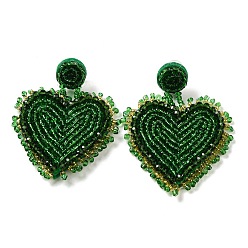 Heart Saint Patrick's Day Glass Seed Beaded Dangle Stud Earrings, 304 Stainless Steel Long Drop Earrings, Heart, 60~67x48~50mm